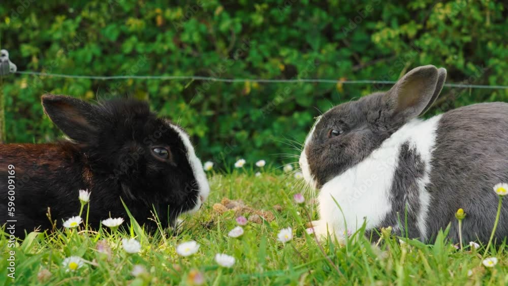 Cute rabbits on a green spring flower meadow on a sunny day
