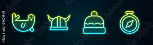 Set line Fur seal animal, Viking in horned helmet, Beanie hat and Compass. Glowing neon icon. Vector