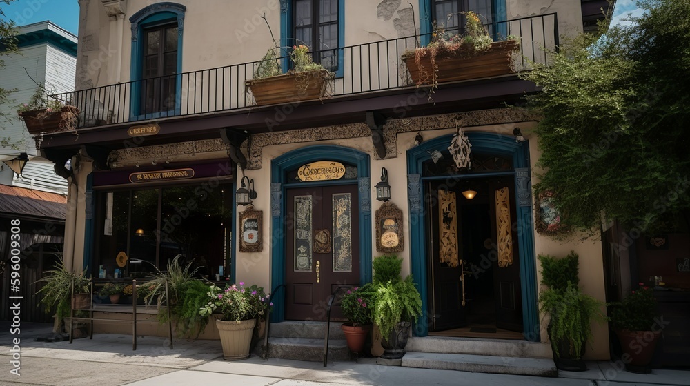 Rustic and bohemian style coffee house exterior, AI generated Rustic and bohemian style coffee house exterior, AI generated