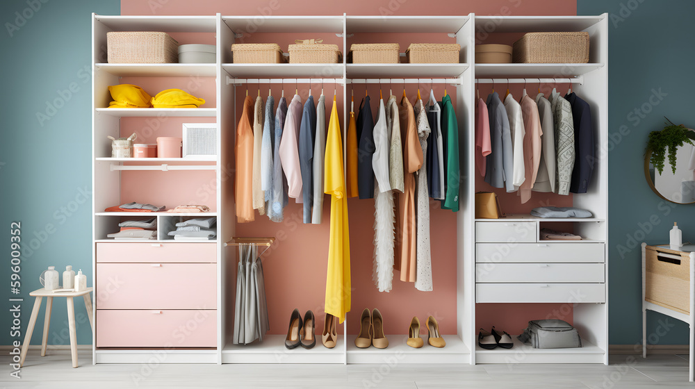 A Beautifully Organized Closet with Stylish Clothes and Accessories, generative AI A Beautifully Organized Closet with Stylish Clothes and Accessories, generative AI