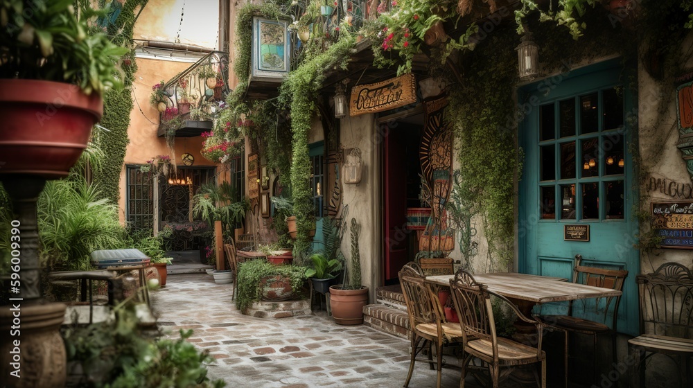 Cozy french cafe exterior with green plants, AI generated