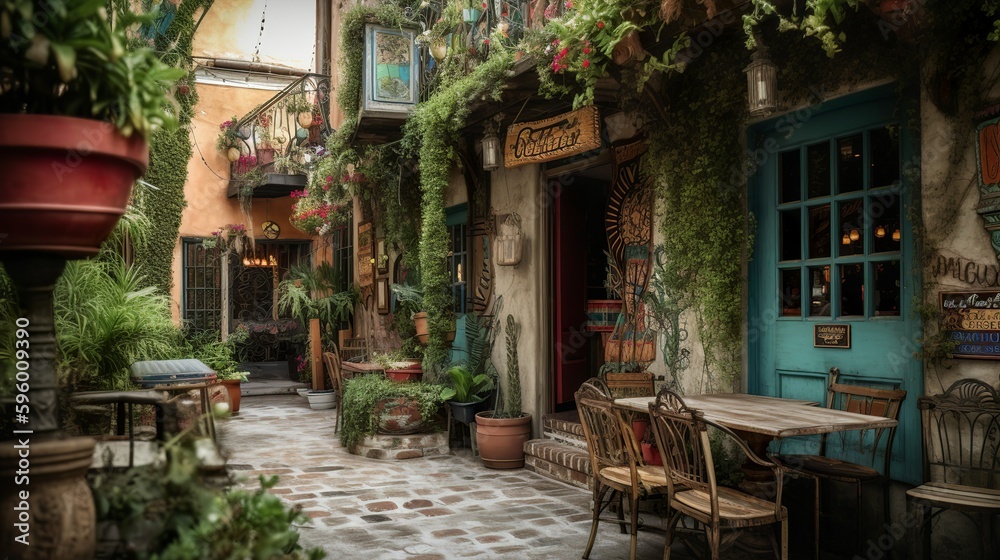 Obraz premium Cozy french cafe exterior with green plants, AI generated