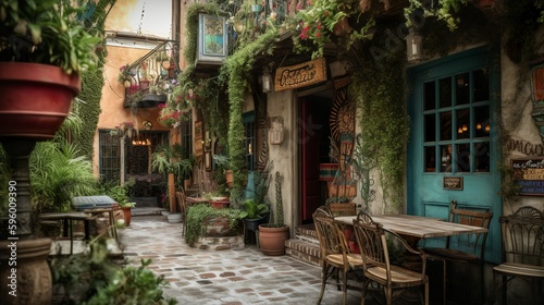 Cozy french cafe exterior with green plants, AI generated © Hdi