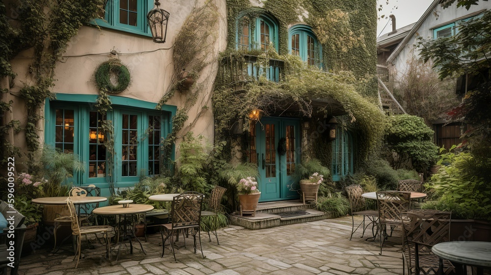 Classic and bohemian style cafe exterior in a French cozy street, AI generated