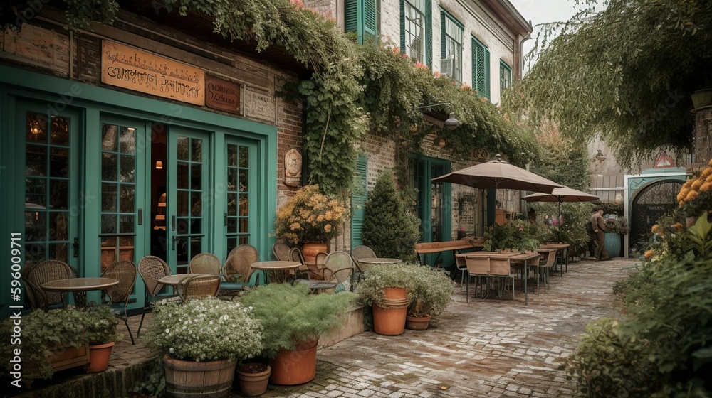 Obraz premium Cozy french cafe exterior with green plants, AI generated