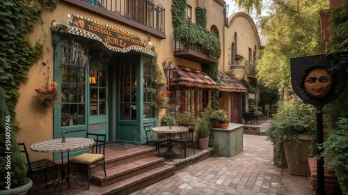 Classic and bohemian style cafe exterior in a French cozy street, AI generated © Hdi