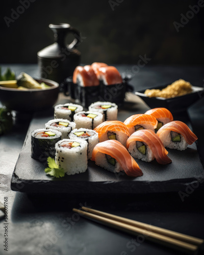 Sushi set on a black background. Sushi rolls, japanese food