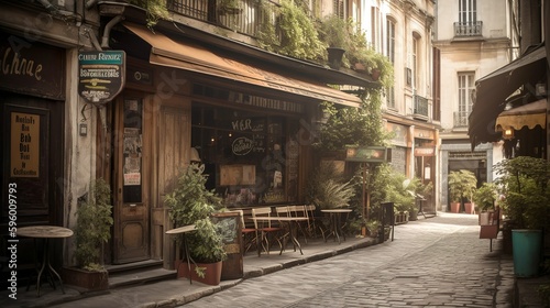 Classic and bohemian style cafe exterior in a French cozy street  AI generated