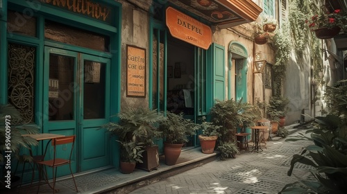 Classic and bohemian style cafe exterior in a French cozy street, AI generated © Hdi