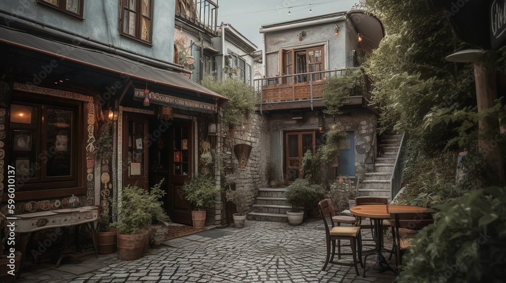 French vibe cafe exterior in the street, AI generated French vibe cafe exterior in the street, AI generated