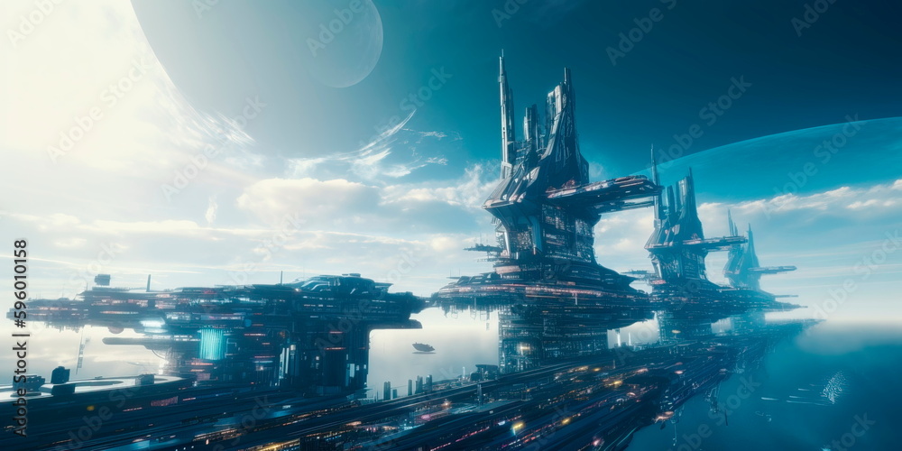 futuristic spaceport with advanced spaceships launching into space and returning back to Earth. Generative AI