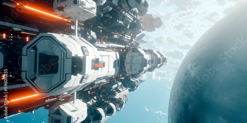 futuristic spaceport with advanced spaceships launching into space and returning back to Earth. Generative AI