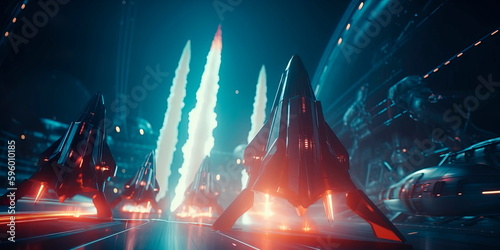 futuristic spaceport with advanced spaceships launching into space and returning back to Earth. Generative AI