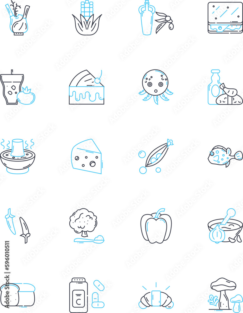 Culinary industry linear icons set. Ingredients, Cuisine, Flavors, Recipes, Gourmet, Cooking, Pastry line vector and concept signs. Plating,Presentation,Fusion outline illustrations