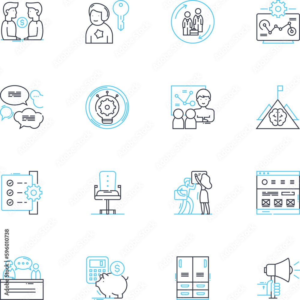 Financial Managers linear icons set. Analysis, Budgeting, Investments, Accounting, Planning, Forecasting, Reporting line vector and concept signs. Risk,Strategy,Decision-making outline illustrations
