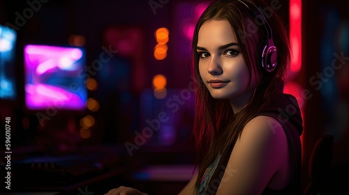 close up portrait pretty gamer girl  game caster  young woman online lifestyle  Generative Ai not real person