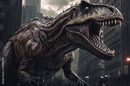 Dinosaur Tyrannosaurus Rex in the rain. Generative AI © LAYHONG