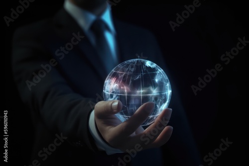 Businessman holding global network sphere in his hand. Generative AI