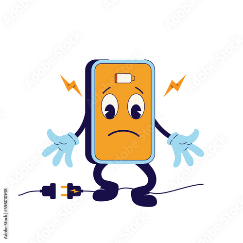 Low battery phone, 70's groovy Retro print. illustration for tee, t shirt and sticker - poster design. Funky character low battery concept. Vector illustration.