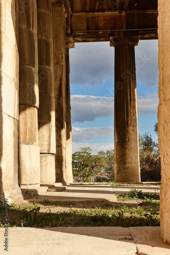 Temple of Hephaestus (Hephaisteion) in Agora of Athens, on top of the Agoraios Kolonos hill without people during sunny winter day 