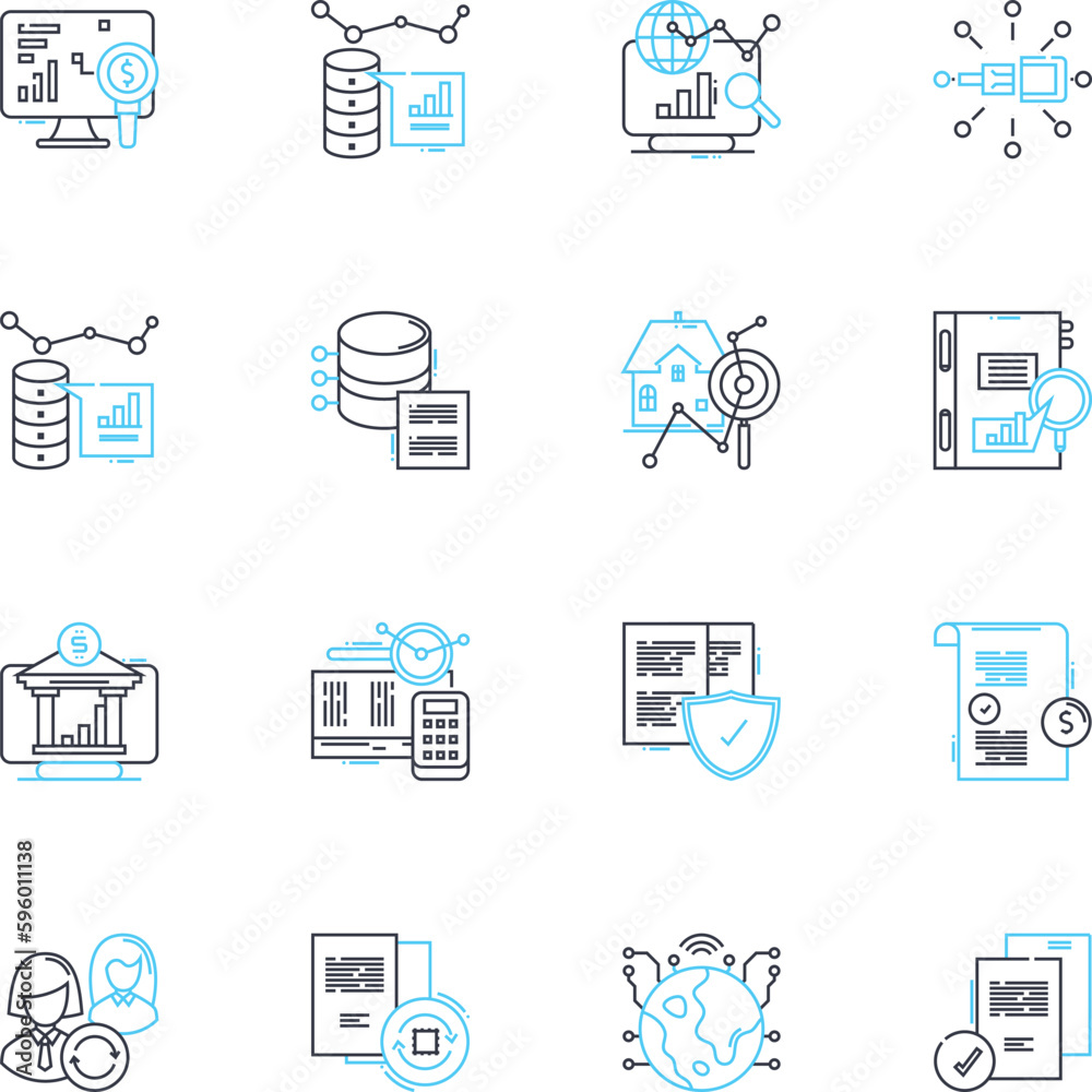 Asset valuation linear icons set. Marketability, Depreciation, Appreciation, Liquidity, Estimation, Evaluation, Assessment line vector and concept signs. Value,Equity,Balance outline illustrations