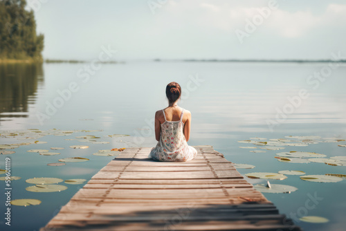 Young woman sitting on a wooden pier. Generative AI.