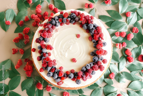 Plano cenital de una tarta cheesecake decorada con frutas del bosque. Tarta blanca sobre unas hojas verdes. Ilustración creada con herramientas generativas de IA. photo