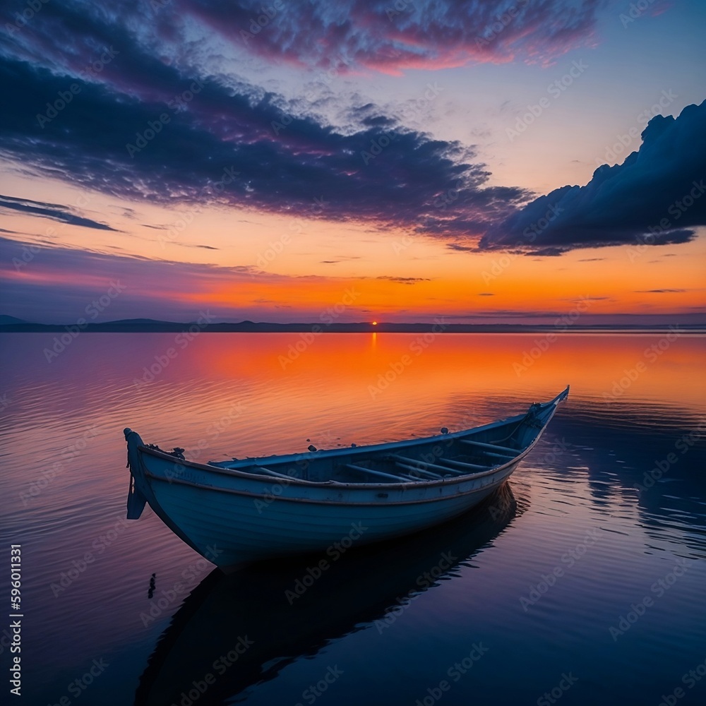 Serene Sunrise with a White and Blue Rowboat