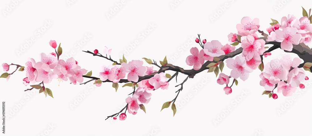 Cherry Blossoms on a Branch with White Background, Leaves, Spring, Japanese, Sakura, Stylized