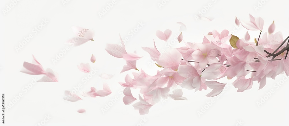 Cherry Blossoms on a Branch with White Background, Leaves flying in the Wind, Spring, Japanese, Sakura, Stylized Cherry Blossoms on a Branch with White Background, Leaves flying in the Wind, Spring, Japanese, Sakura, Stylized