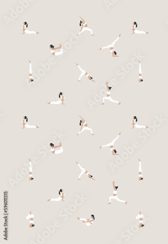 Seamless vertical pattern with women wearing sportswear doing yoga. The concept of sport, gym, yoga, pilates, fitness, meditation and relax. Health care and lifestyle concept. Vector illustration.