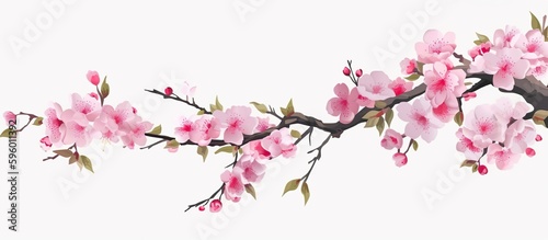 Cherry Blossoms on a Branch with White Background  Leaves  Spring  Japanese  Sakura  Stylized