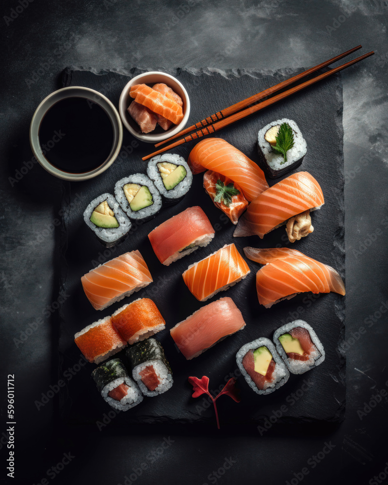 Japanese cuisine. Sushi set on black stone background. Top view.