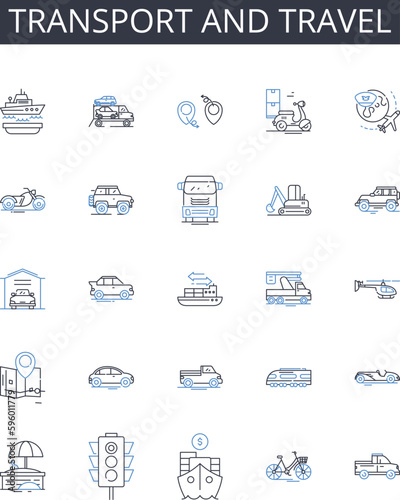 Transport and travel line icons collection. Commute, Voyage, Mobility, Pilgrimage, Transfer, Excursion, Expedition vector and linear illustration. Trek,Passage,Cruise outline signs set