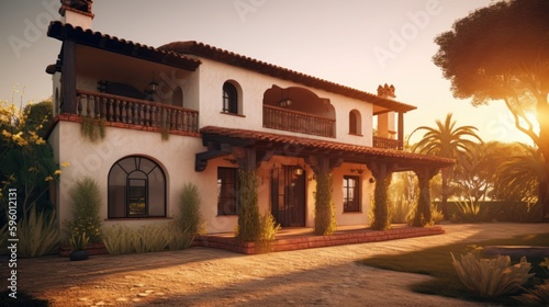 Hacienda exterior house design in daytime golden hour generative ai © Hixel