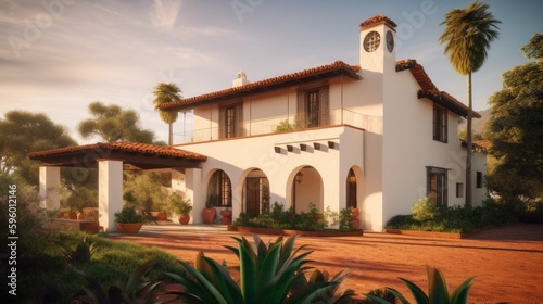 Hacienda exterior house design in daytime golden hour generative ai