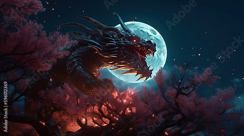 big black dragon roar in full moon night with spring flower blossom  Generative Ai