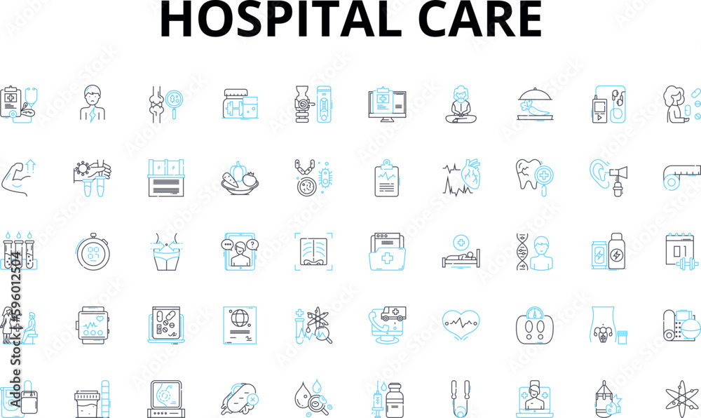 Hospital care linear icons set. Treatment, Emergency, Surgery, Medicine, Nurses, Patient, Rehabilitation vector symbols and line concept signs. Pain,Inpatient,Outpatient illustration - obrazy, fototapety, plakaty 