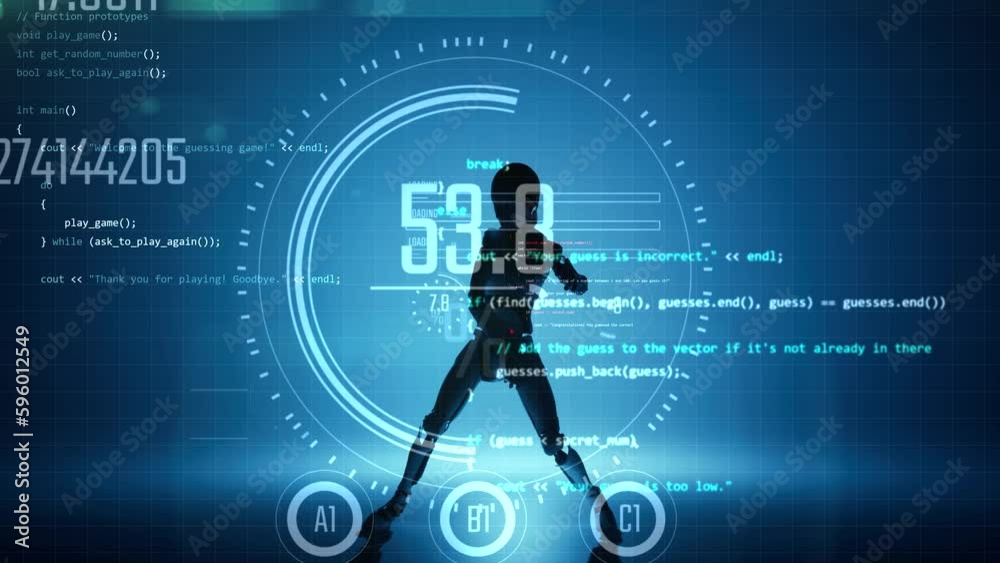 3d render animation of silhouette feminine robot dancing at blue floor background. Happy artificial inteligence in move with hud interface video effects motion graphic