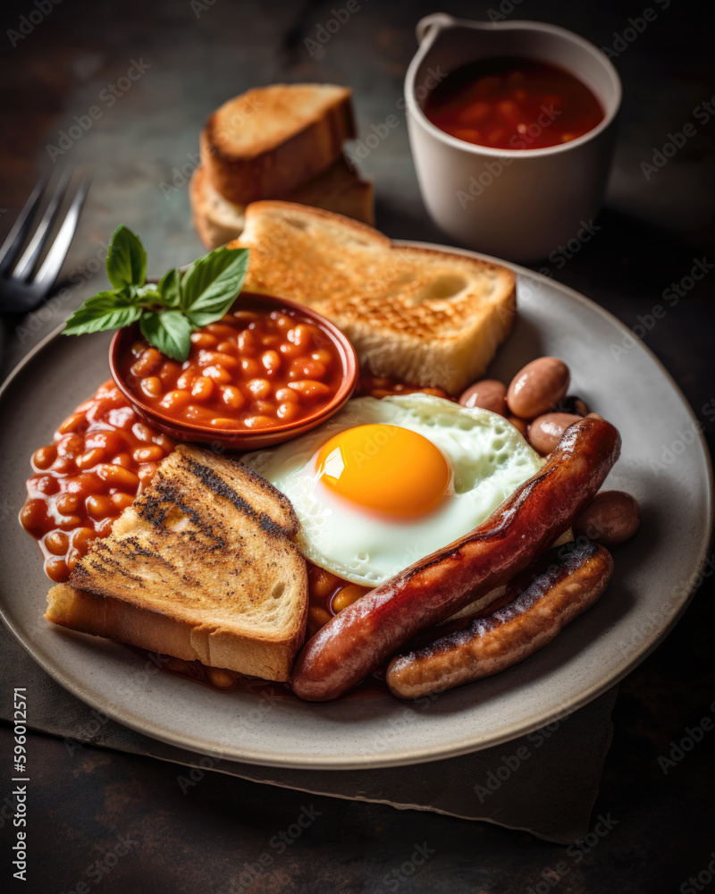 English breakfast with fried eggs, beans, sausages and toasts 