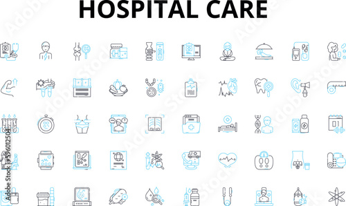 Hospital care linear icons set. Treatment, Emergency, Surgery, Medicine, Nurses, Patient, Rehabilitation vector symbols and line concept signs. Pain,Inpatient,Outpatient illustration