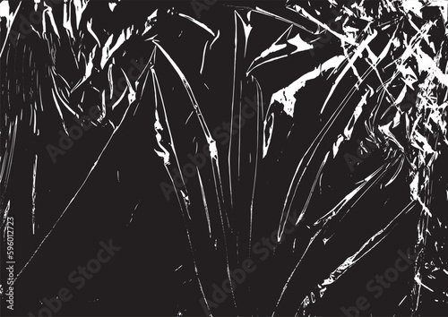 Polyethylene texture. Grunge effect. Transparent stretched cling film. Overlay grunge texture. Black and white vector background. Crumpled warp plastic. Defect, scuff template. Wrinkled packaging