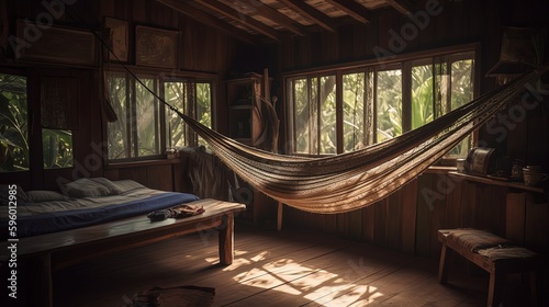 cozy wooden cottage in jungle, hanging hammock in cabin with sunlight shine through glass window, Generative Ai