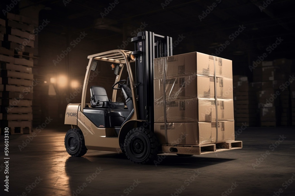 Forklift carrying cardboard box for delivery/moving concept. Generative AI
