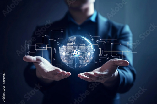 Man holding digital object in hands with abstract digital images. AI concept