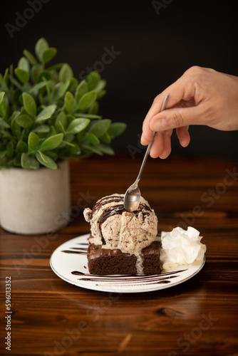 piece of cake with ice cream and chocolate sauce on a table and a plant in the background