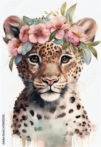 Baby face portrait leopard, animal flower crown on white background. Beautiful poster for decorative design mammal. Cute character africa wildlife, design. Watercolor illustration face.