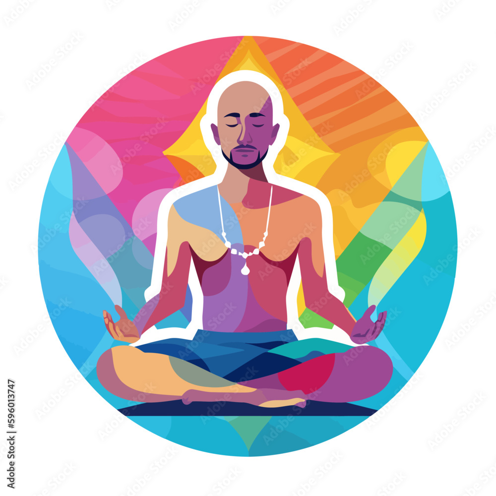 Yogi is sitting in the lotus position in a vector illustration on a background of warm colors. Insulated sticker. Mental health awareness month.