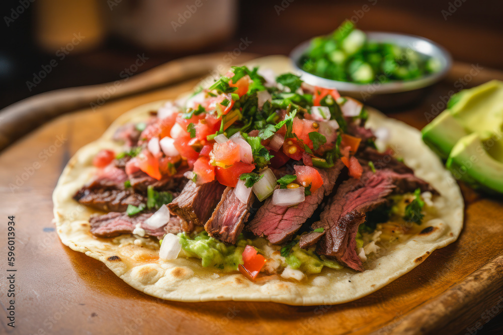 Authentic Mexican carne asada tacos with pico de gallo, avocado, cotija