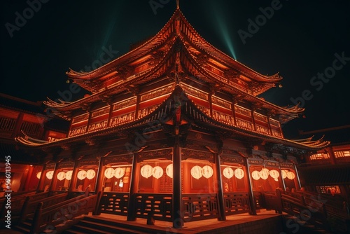 A traditional Chinese building with glowing light leading to the heaven kingdom. Generative AI